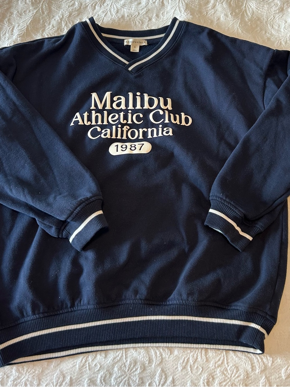 Aeropostale Navy V-Neck Malibu Athletic Club Pullover with White Lettering